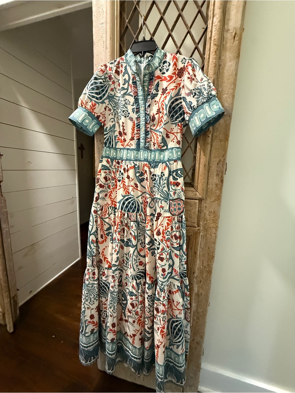 Cream Maxi Dress with Teal & Coral Floral Print
